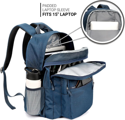 ZORFIN 26L Backpack for College, and Travel: Water Resistant Bookbag - Navy Blue