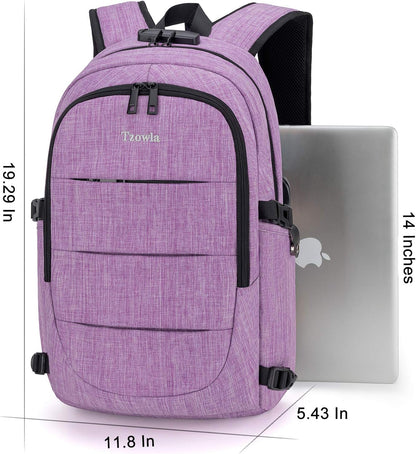Tzowla Business Laptop Backpack Water Resistant Anti-Theft Backpack with USB Charging Port and Lock 15.6 Inch Computer Backpacks for Women, Casual Hiking Travel Daypack(Purple)