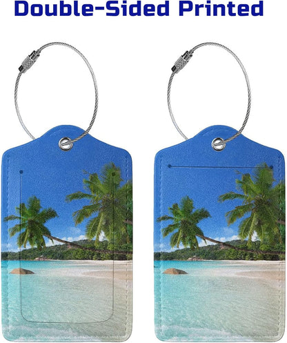 2Pcs Tropical Palm Trees Luggage Tags with Beach Landscape, Beautiful Identifier Labels with Blue Sky Background for Suitcase Baggage Bag, Travel Tags with Privacy Cover Id Card Stainless Steel Loop