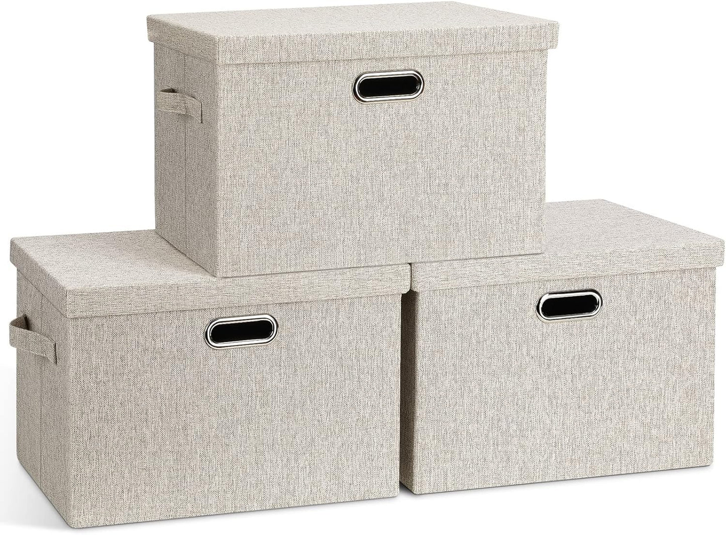 Large Quart Collapsible Stackable Storage Bins with Lids, 3 Packs Beige Linen Fabric Closet Boxes with Lids, Storage Cube Baskets Container Organizers for Bedroom Office(16.6 x 11.7 x 10.8)