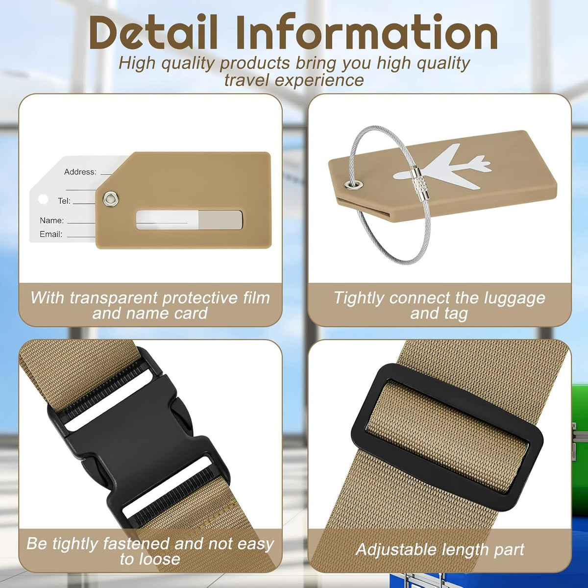 Weewooday 8 Pcs Luggage Straps Suitcase Tags Set for TSA Approved, 4 Travel Adjustable Suitcase Belt, 4 Silicone Luggage Tags with Name ID Card Travel Accessories(Khaki,Airplane)