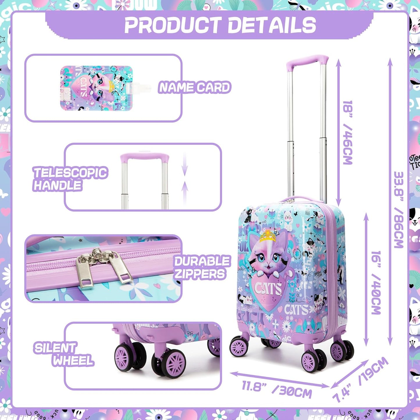 Cute Cat Kid's Luggage Set 2 Piece Suitcase Set 16" Hardside Luggage with Spinner Wheels Girls Carry on Toddler Travel Rolling Luggage Airline Approved