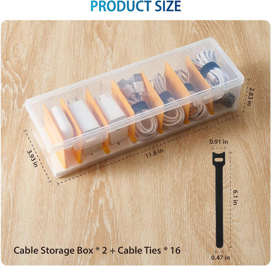 2 Pack Cable Organizer Storage Box with 16 Cable Ties, Clear Phone Charger Organizer Case Wire Organizers for Cords Electronic Storage Box for Drawer Desk Office Home