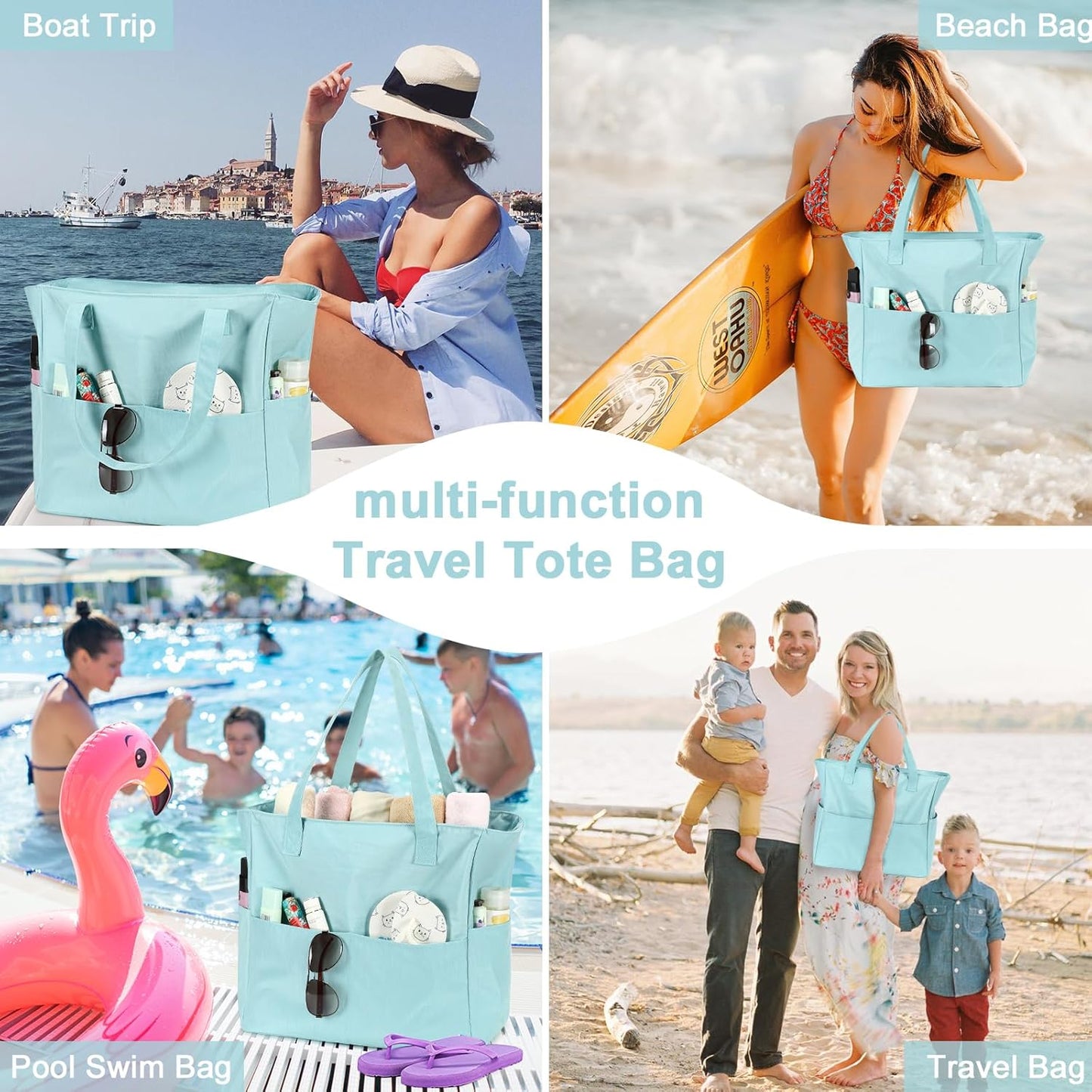 LEDAOU Beach Bag Waterproof Sandproof Women Tote Bag Pool Bag with Zipper for Gym Grocery Travel with Wet Pocket