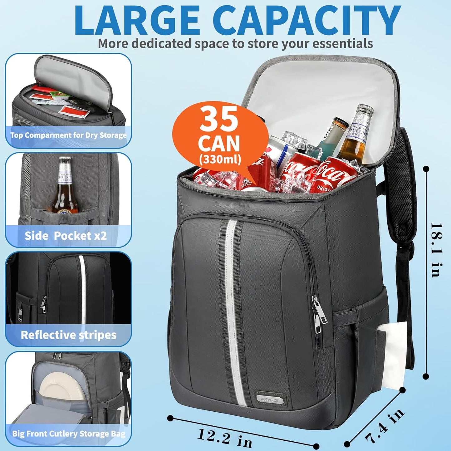 Backpack Cooler Insulated Leak Proof 35 Cans, 2 Insulated Compartments Thermal Bag, Portable Lightweight Beach Travel Camping Lunch Backpack for Men and Women, 30L, Reflective Stripes, Water-Resistant