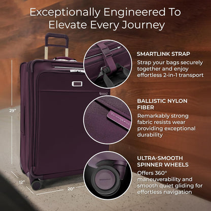 Briggs & Riley 29" Large Expandable Spinner - Checked Luggage for Travel, Suitcases with Wheels, Softside Rolling Bag for Men & Women, Self-Repairing Zipper - Baseline Collection, Plum