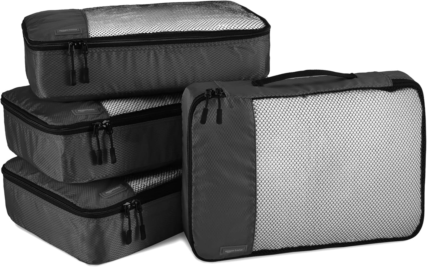 Amazon Basics Lightweight Packing Cubes Travel Organizer Set with Double Zipper, Mesh Top, Durable Polyester, Medium, 4 Piece, Black