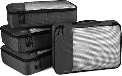 Amazon Basics Lightweight Packing Cubes Travel Organizer Set with Double Zipper, Mesh Top, Durable Polyester, Medium, 4 Piece, Black