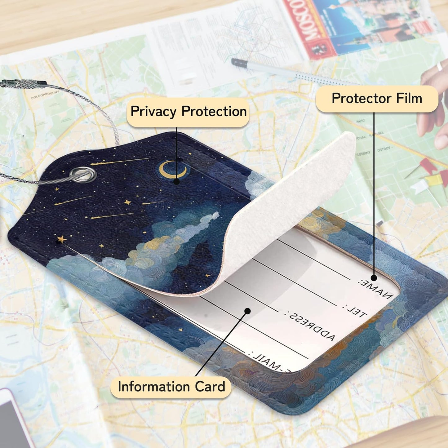 Starry Night Luggage Tags for Suitcase,3 Pack Luggage Tag Leather Privacy Cover ID Label with Stainless Steel Loop for Women Men