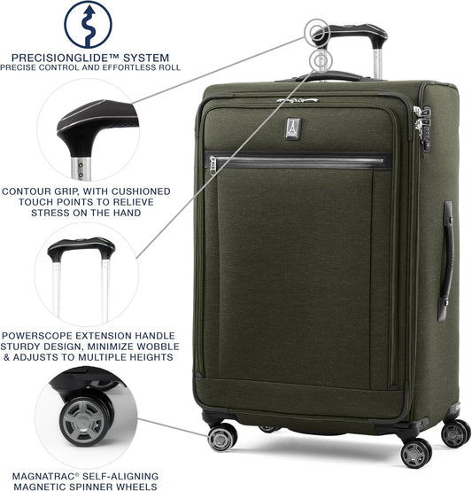 Travelpro Platinum Elite Softside Expandable Checked Luggage, 8 Wheel Spinner Large Suitcase, TSA Lock, Men and Women, Pilot Green, Checked Large 29-Inch