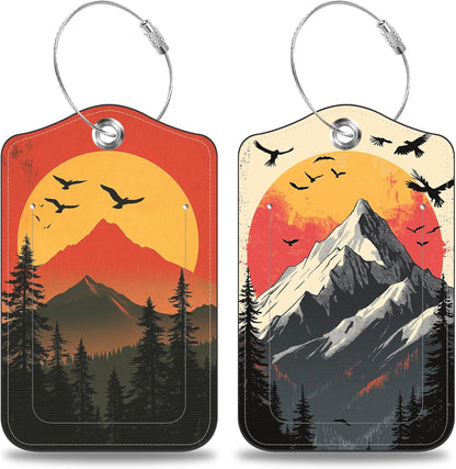 2 Pcs Mountain at Sunset Luggage Tags for Suitcases PU Leather Baggage Tags Name ID Label with Privacy Cover and Stainless Steel Loop for Men Women Travel Bag Suitcase