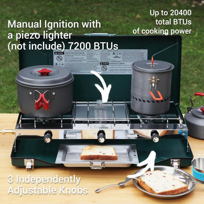 Camping Stove, 3 Burners Propane Portable Camp Stove with Regulator, Push-Button Instant Ignition, Adjustable Burners & Wind Guards for Car BBQ Picnics Outdoor Cooking (GREEN-20400 BTUs)