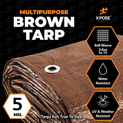 Multipurpose Protective Cover Brown Poly Tarp 20' x 25' - Durable, Water Resistant, Weather Resistant - 5 Mil Thick Polyethylene - by Xpose Safety