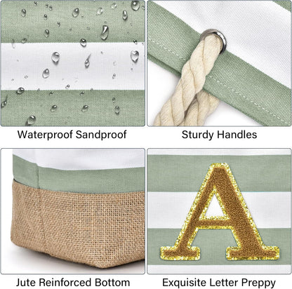 Becokan Beach Bag Initial Beach Tote with Makeup Bag for Travel Work Storage Personalized Birthday Gifts for Women Her