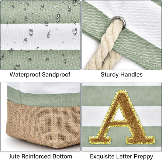 Becokan Beach Bag Initial Beach Tote with Makeup Bag for Travel Work Storage Personalized Birthday Gifts for Women Her