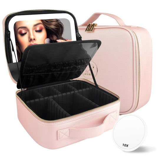 MOMIRA Travel Makeup Bag Cosmetic Bag with Lighted Mirror, Adjustable Brightness in 3 Color Scenarios, Waterproof, 10x Magnifying Mirror, Rotatable Independent Light Mirror- Phosphor(Solid)