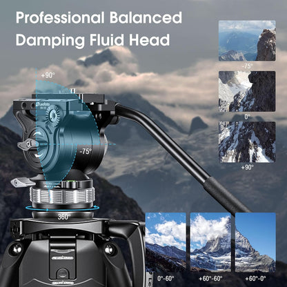 Heavy Duty Carbon Fiber Tripod with Fluid Head, One-Step Unlock System, with Removable Handle and Center Spreader, MaxLoad 8 KG/17.64 LB, Balanced Load 3 KG/6.61 LB (LVF-163C+BV-15)