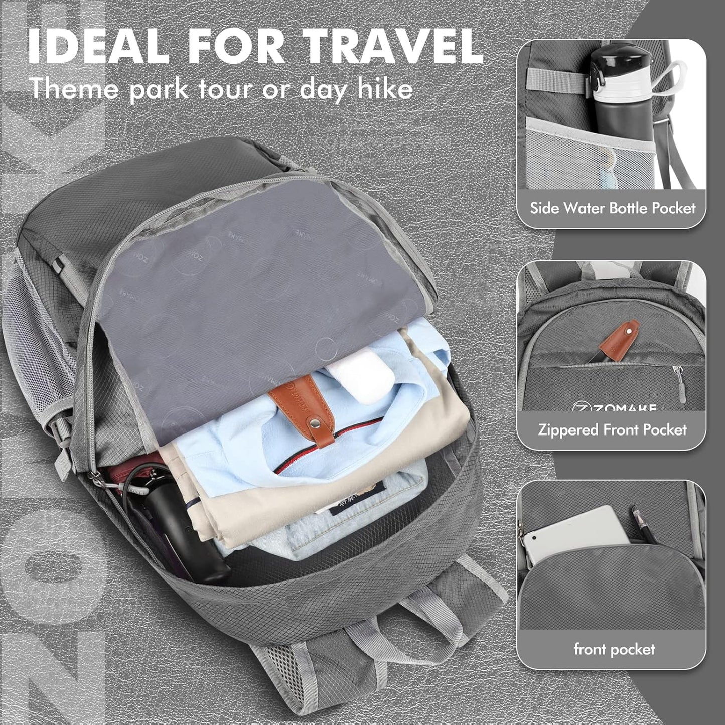 ZOMAKE Lightweight Packable Backpack 30L, Foldable Hiking Backpacks Water Resistant Compact Folding Daypack for Travel(Dimgray)