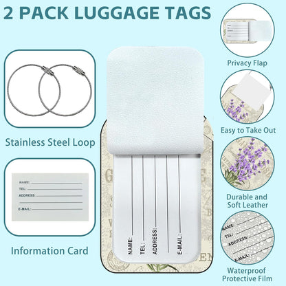 Purple Lavender Luggage Tag for Suitcase Set of 2 PU Leather Cute Luggage Tags with Stainless Metal Loop ID Label Privacy Flap Suitcase Tags for Women and Men Travel