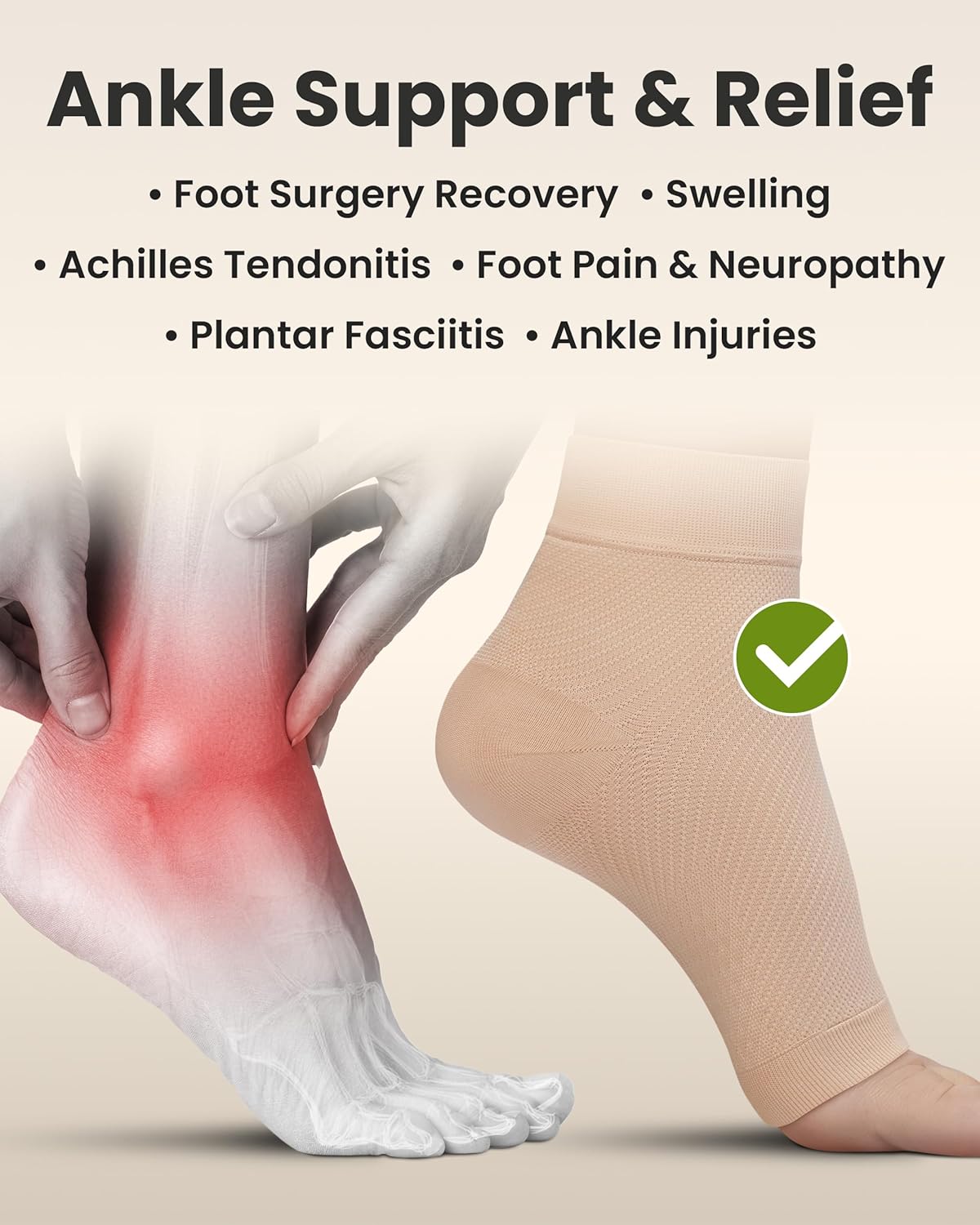 KEMFORD Ankle Compression Sleeve - Plantar Fasciitis Braces - Open Toe Compression Socks for Swelling, Sprain, Neuropathy, Foot Arch Support for Men and Women - 20-30mmhg, XL, Beige