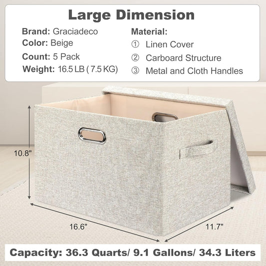 Large 17" 36 Quart Collapsible Stackable Storage Bins with Lids, 5 Packs Beige Linen Fabric Closet Boxes with Lids, Storage Cube Baskets Container Organizers for Bedroom Office(17 x12 x11)