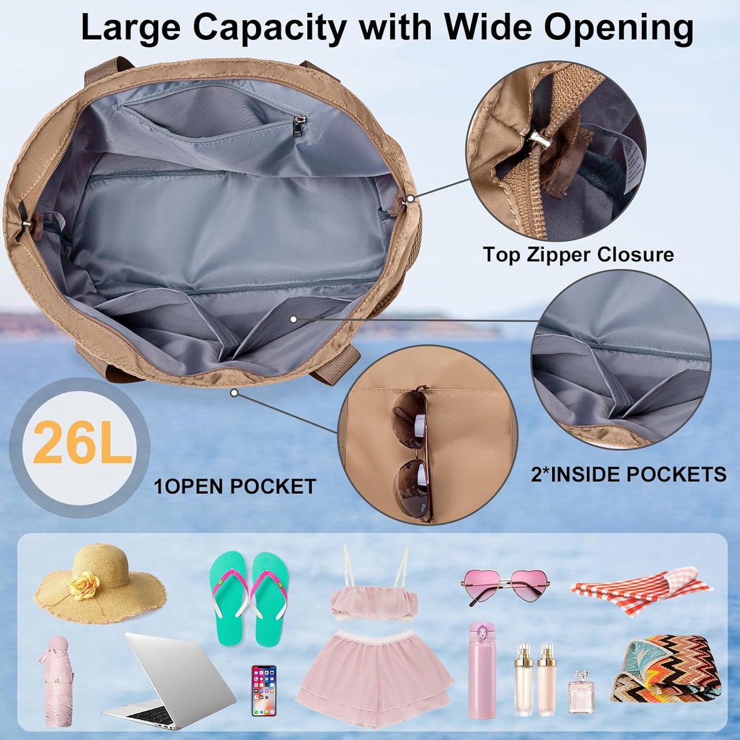 LEDAOU Beach Bags for Women, Beach Bags Waterproof Sandproof, Packable Beach Tote Bag with Zipper Travel Sports