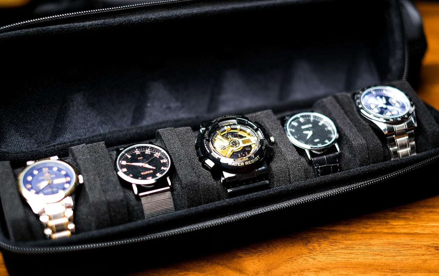 5 slots Hard men's watch travel case, Portable zipper storage organizer box with soft compressible foam pillow to fit large and small watches(Black, 5slot)