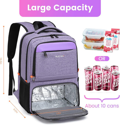 Lunch Backpack, Insulated Cooler Backpack Lunch Box for Women, 15.6 Inch RFID Blocking Laptop Backpack with USB Port, for Work Travel Picnics Hiking Purple