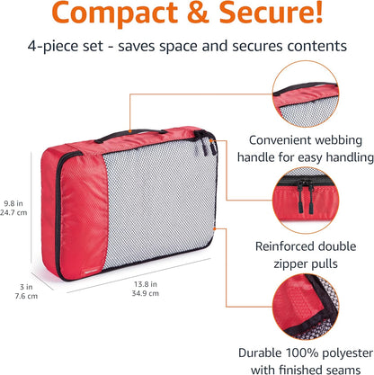 Amazon Basics Medium Packing Cubes for Travel, Packing Organizers, 4-Piece-Set With Double Zipper Pulls and Mesh Top Panel, 100% Durable Polyester, Red, 13.8"L x 9.8"W x 3"H