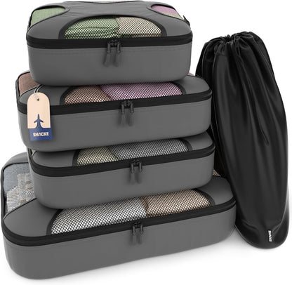 Shacke Premium 5 Packing Cubes Set - Lightweight Mesh Travel Luggage Organizers with Laundry Bag, 5-Piece Suitcase Storage System (Dark Grey)