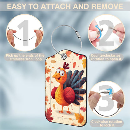 2 Pcs Thanksgiving Turkey Luggage Tags for Suitcases Autumn Fallen Leaves PU Leather Baggage Tags Name ID Label with Privacy Cover and Stainless Steel Loop for Men Women Travel Bag Suitcase