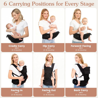 Baby Carrier Newborn to Toddler, 6-in-1 Baby Carrier with Hip Seat Lumbar Support 7-45lbs, Baby Soft Carrier for All Seasons & Positions, Adjustable Size for Shopping Hiking Travelling Black