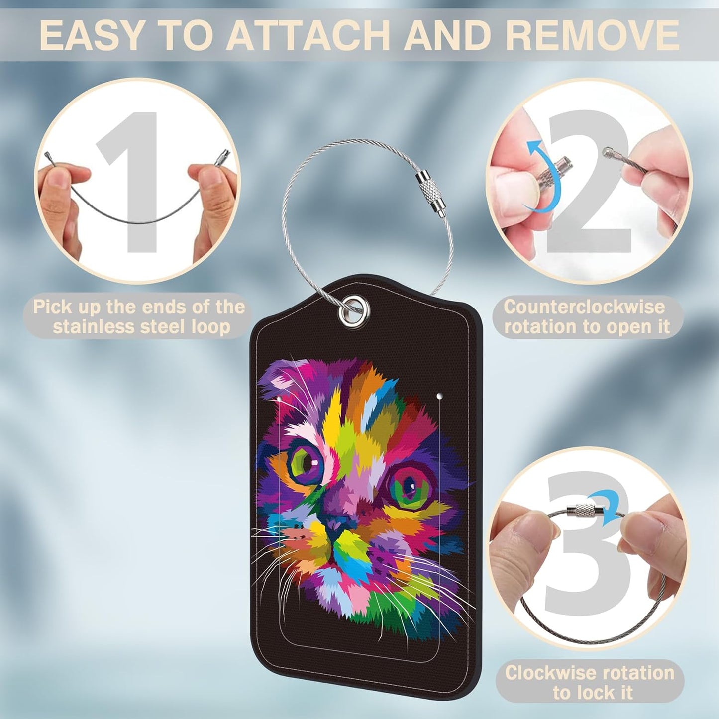 2 Pcs Cute Cat Luggage Tags for Suitcases PU Leather Colorful Art Kitten Animal Baggage Tags Name ID Label with Privacy Cover and Stainless Steel Loop for Men Women Travel Bag Suitcase