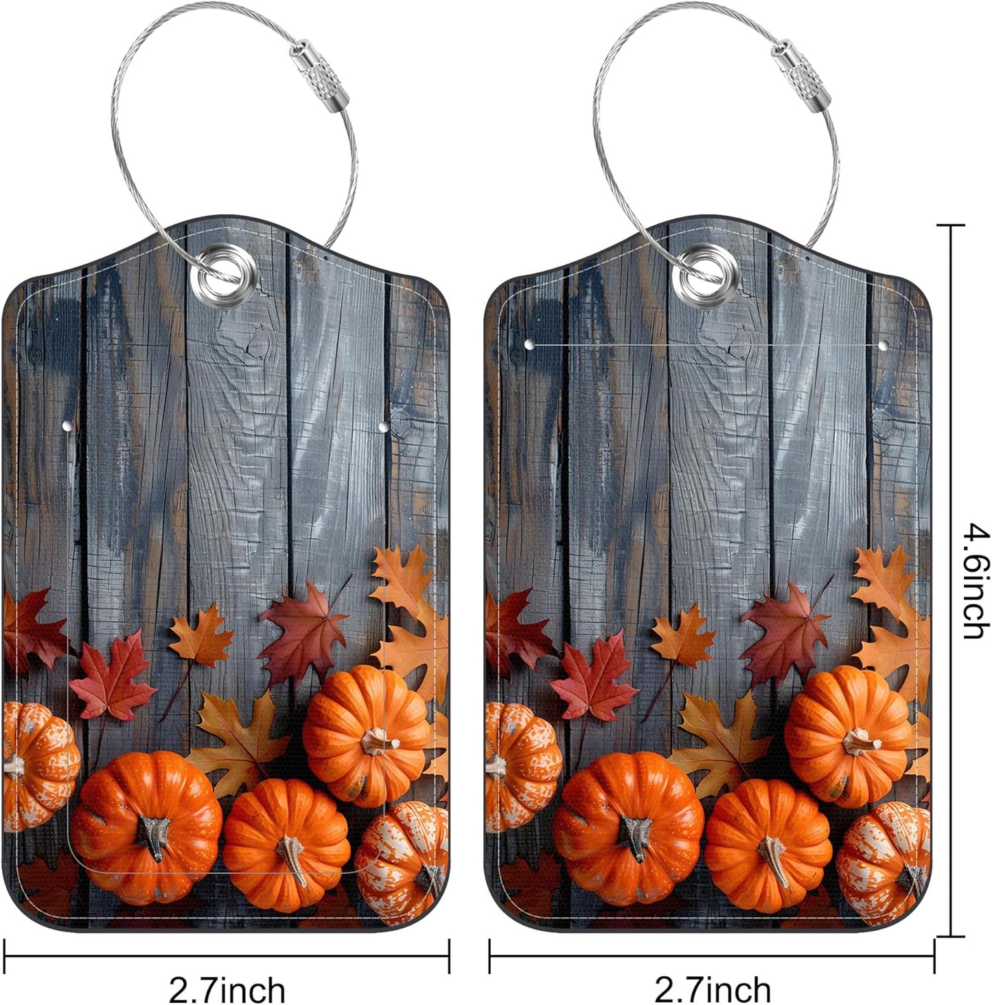 2 Pack Luggage Tag for Suitcase Thanksgiving Day Pumpkins Autumn Leaves Leather Suitcase Tags with Privacy Name ID Label and Stainless Steel Loop for Travel Bag