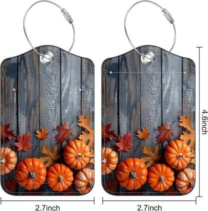 2 Pack Luggage Tag for Suitcase Thanksgiving Day Pumpkins Autumn Leaves Leather Suitcase Tags with Privacy Name ID Label and Stainless Steel Loop for Travel Bag
