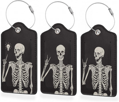 3 Pack Luggage Tag for Suitcase,Rock Roll Skeleton Leather Luggage Tags with Privacy Cover Name ID Label Identifiers Travel Bag Tags for Women Men Boys Girls