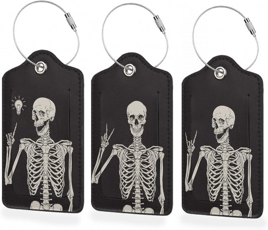 3 Pack Luggage Tag for Suitcase,Rock Roll Skeleton Leather Luggage Tags with Privacy Cover Name ID Label Identifiers Travel Bag Tags for Women Men Boys Girls