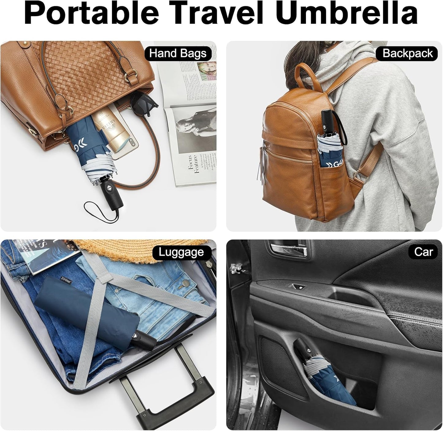 G4Free 42 Inch Eco Windproof Folding Umbrella for Rain & Sun 9 Ribs Wind Resistant Strong Fiberglass Double Canopy with Reflective Strip for Women Men Auto Open Close For Car & Backpack