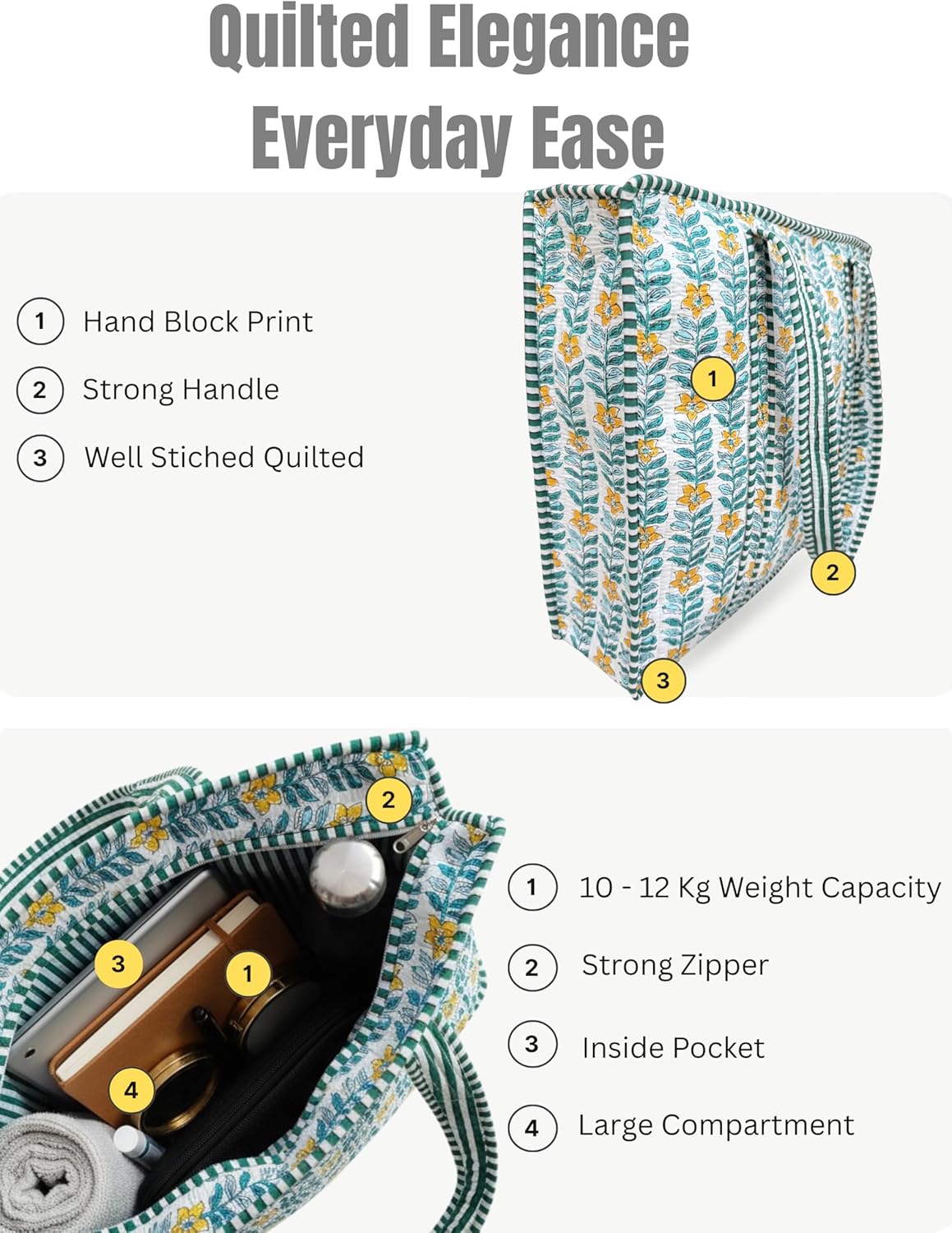 Cotton Quilted Tote Bag for Women – Large Beach & Travel Tote with Zipper, Reusable Grocery Bag