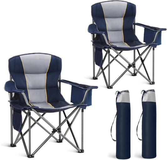 HIGH POINT SPORTS Oversized Portable Camping Folding Chair, Heavy Duty Portable Lawn Chairs, Folding Chairs for Outside with Cup Holder and Cooler Bag for Camp, Travel, Support 450 LBS, 2 Pack,Blue