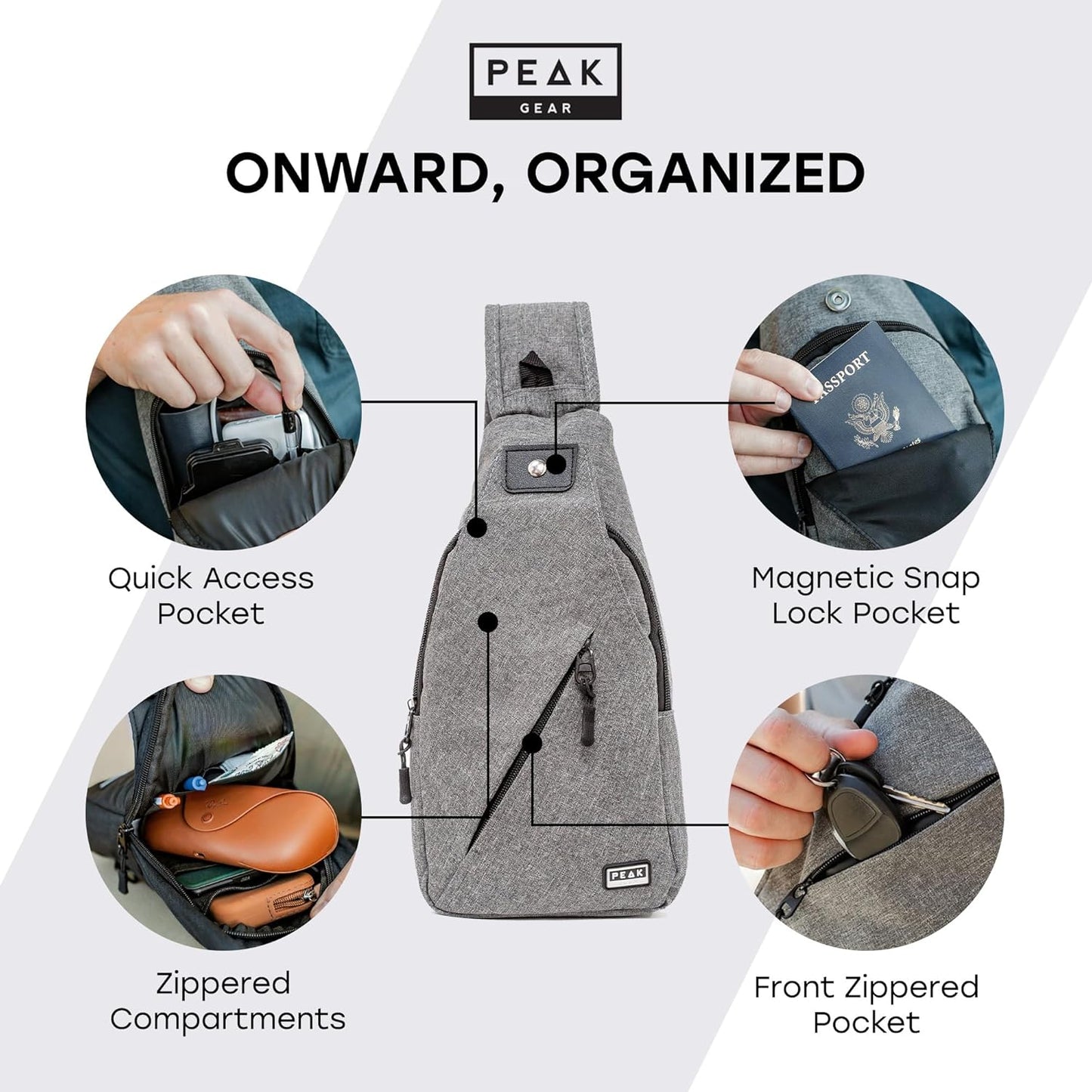 Peak Gear Travel Sling Bag. Compact Crossbody Bag | Lighter and Smaller than a Backpack | Lifetime Lost & Found ID Tag