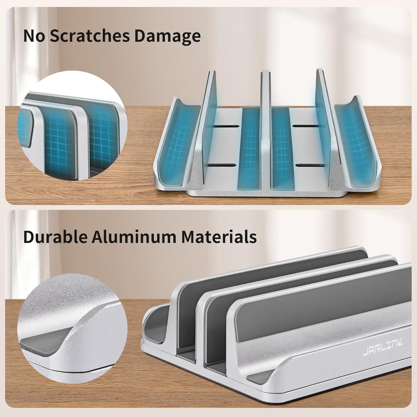 JARLINK 4-in-1 Adjustable Vertical Laptop Stand Holder, Aluminum Dual Slots Laptop Rack for Desk, Space-Saving Organizer Compatible with All MacBook, Surface, Chromebook, and Gaming Laptops (Silver)