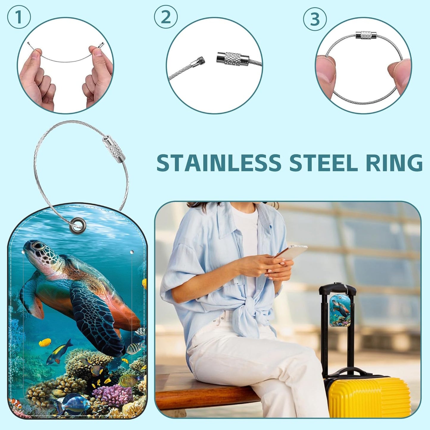 Hawaiian Sea Turtle Luggage Tag for Suitcase Set of 2 PU Leather Cute Luggage Tags with Stainless Metal Loop ID Label Privacy Flap Suitcase Tags for Women and Men Travel