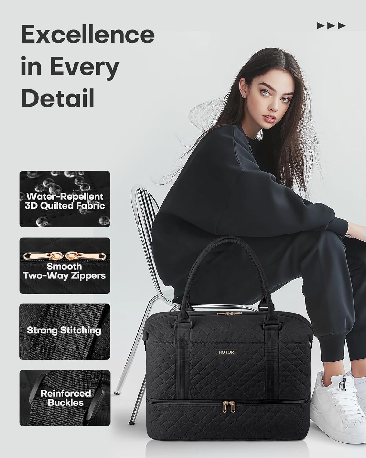 HOTOR Travel Duffel Bag - Weekender Bags for Women, Carry On Overnight Bag with Shoe Compartment, with Toiletry Bag for Travel Essentials and Travel Accessories, Black, 13.4"×17.3"×7.9"