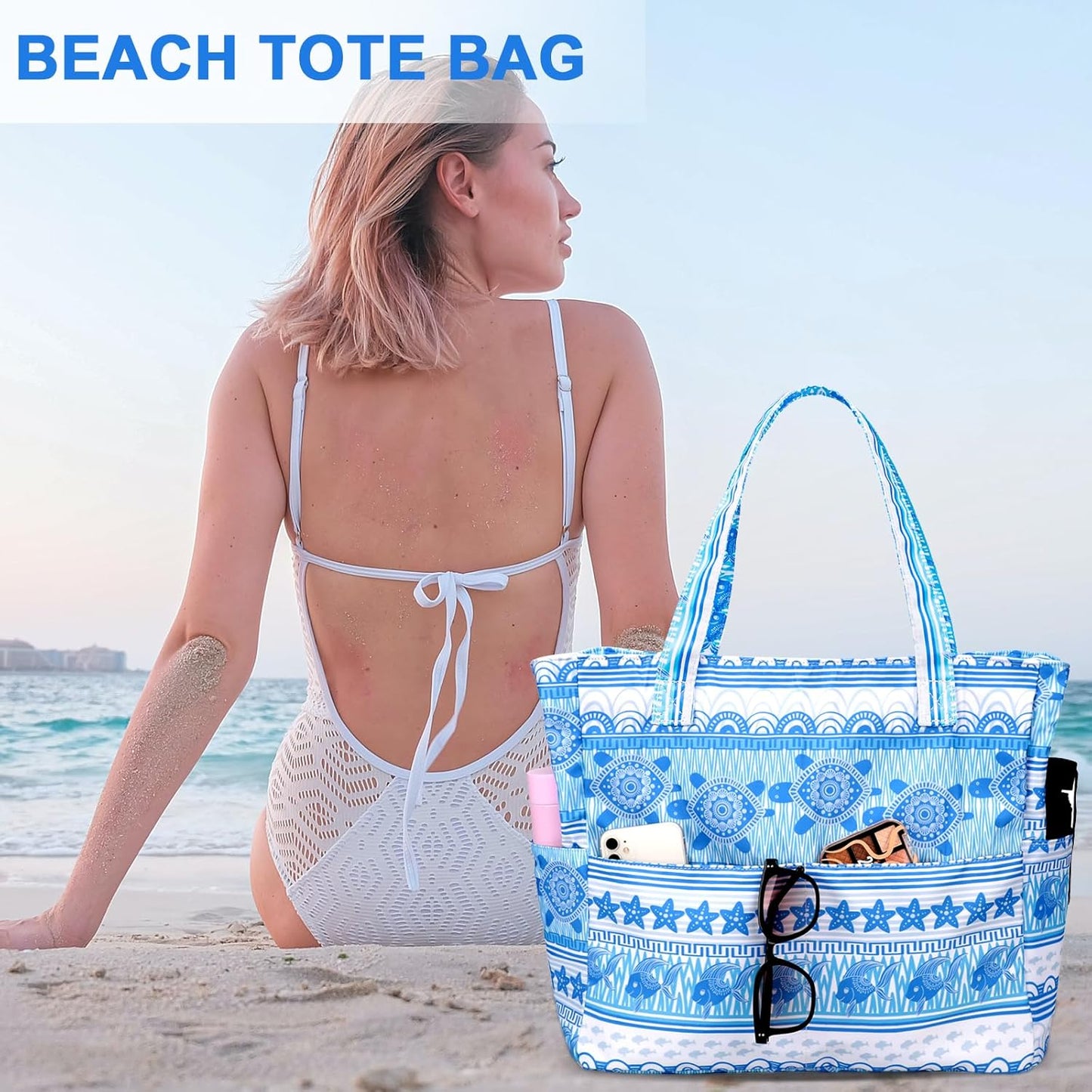LEDAOU Beach Bag Waterproof Sandproof Women Tote Bag Pool Bag with Zipper for Gym Grocery Travel with Wet Pocket