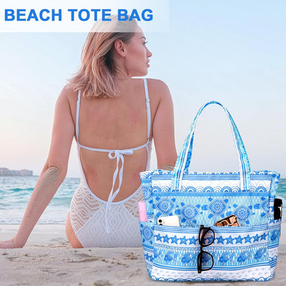 LEDAOU Beach Bag Waterproof Sandproof Women Tote Bag Pool Bag with Zipper for Gym Grocery Travel with Wet Pocket
