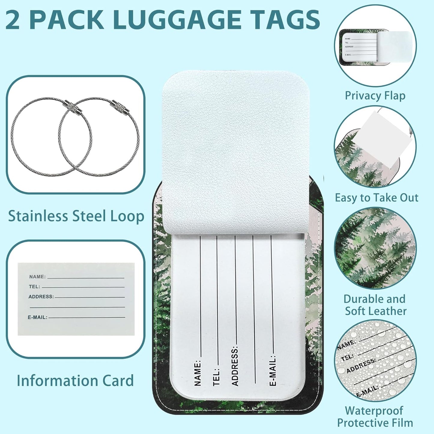 Foggy Forest Luggage Tag for Suitcase Set of 2 PU Leather Cute Luggage Tags with Stainless Metal Loop ID Label Privacy Flap Suitcase Tags for Women and Men Travel