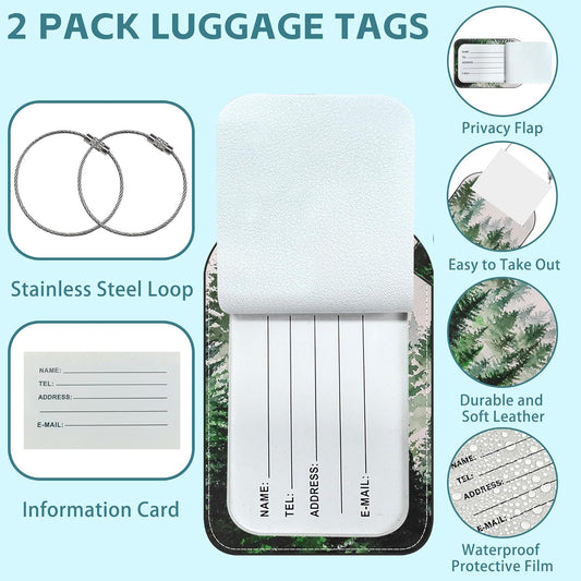 Foggy Forest Luggage Tag for Suitcase Set of 2 PU Leather Cute Luggage Tags with Stainless Metal Loop ID Label Privacy Flap Suitcase Tags for Women and Men Travel