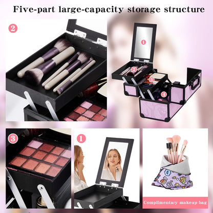 Makeup Train Case, Portable Makeup Case with Mirror, 2-Trays Cosmetic Organizer Case,Nail Polish Organizer, Travel Makeup Box, Profesional for Salon Barber, Pattern Black Pink