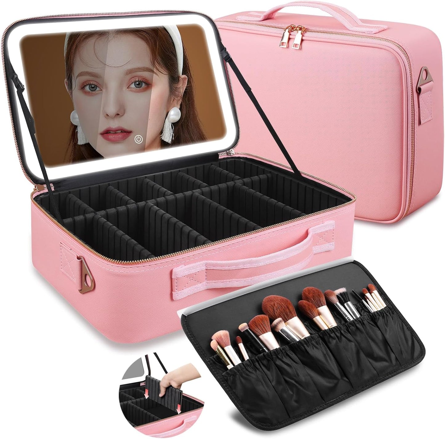 15"×11" Large Pink Makeup Bag with Mirror, Personal Item Travel Bag with Makeup Mirror 3 Lights, Waterproof Train Case with Mirror and Adjustable Dividers,Professional Lighted Makeup Case